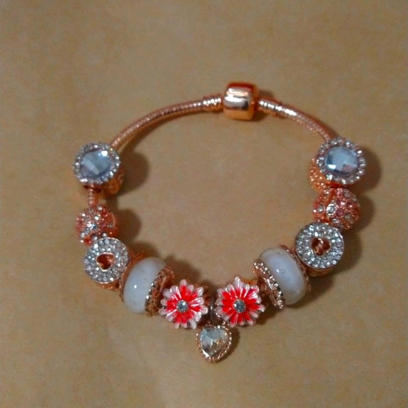 Pink Daisy Blooms and Genuine Crystals Rose Gold Charm Bracelet - Picture 3 of 5